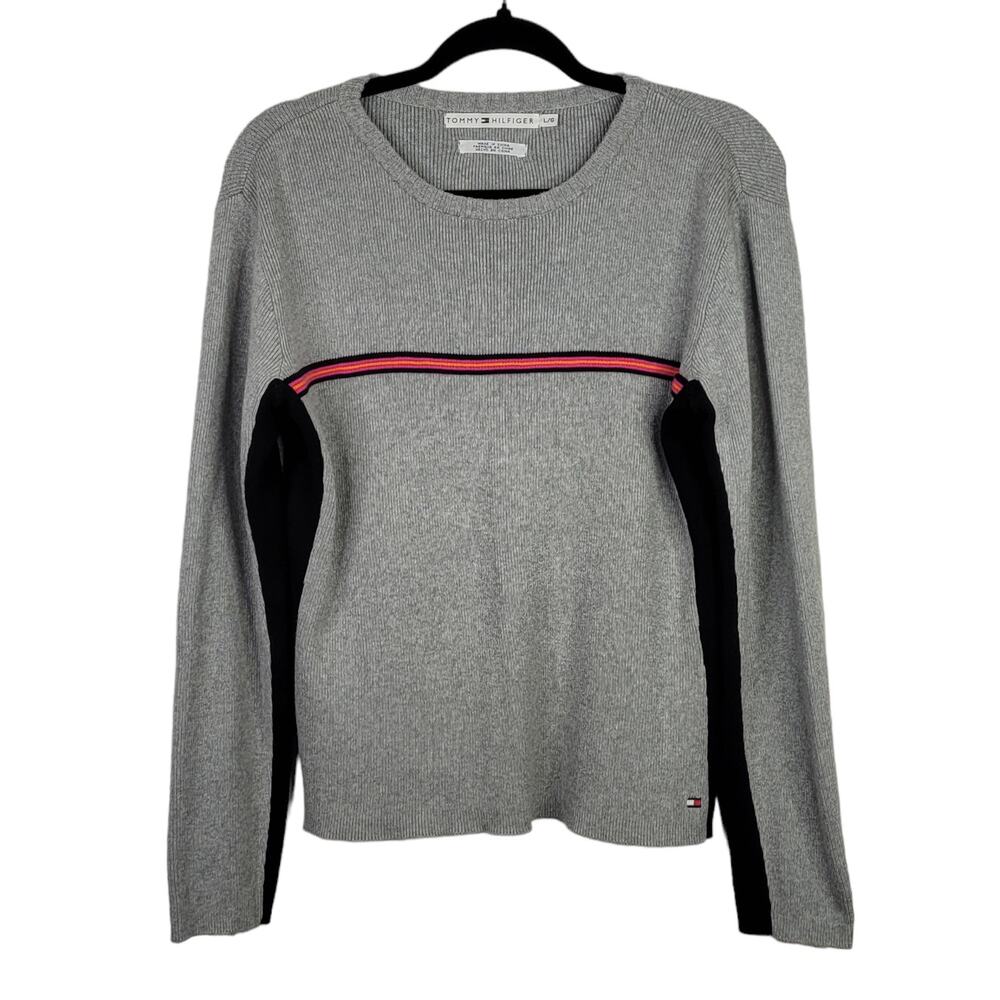 Vintage Y2K Tommy Hilfiger Gray Black Colorblock Stripe Sweater Women’s Large